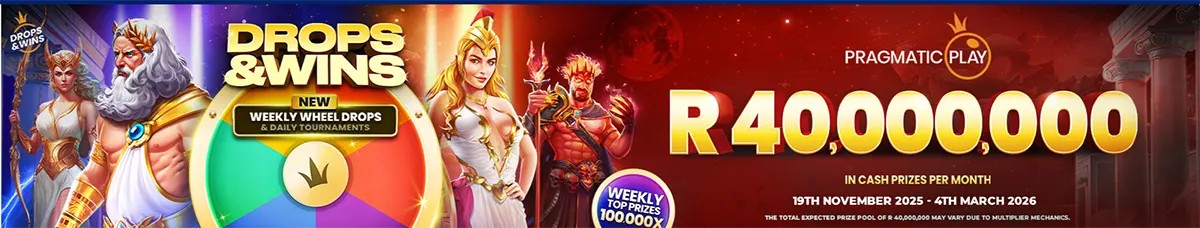 Wide “Drops & Wins” Pragmatic Play promo banner with fantasy characters and a colourful prize wheel, advertising “R40,000,000” in monthly cash prizes, weekly wheel drops and daily tournaments, plus a badge for weekly top prizes up to 100,000x (19 Nov 2025–4 Mar 2026).