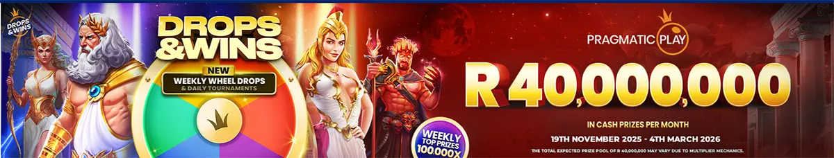 Wide “Drops & Wins” Pragmatic Play promo banner with fantasy characters and a colourful prize wheel, advertising “R40,000,000” in monthly cash prizes, weekly wheel drops and daily tournaments, plus a badge for weekly top prizes up to 100,000x (19 Nov 2025–4 Mar 2026).