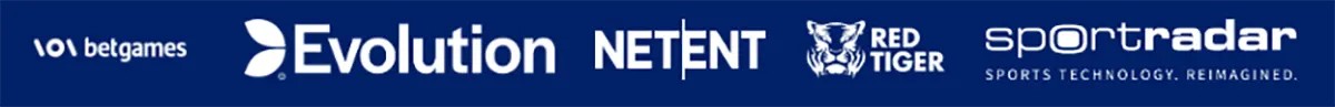 Blue strip of gambling software provider logos, including 101 BetGames, Evolution, NetEnt, Red Tiger, and Sportradar Sports Technology.