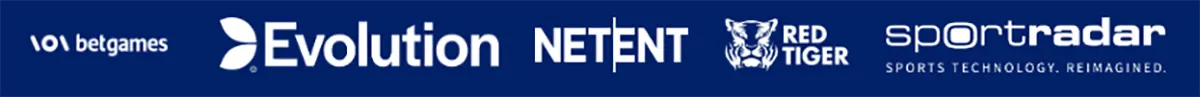 Blue strip of gambling software provider logos, including 101 BetGames, Evolution, NetEnt, Red Tiger, and Sportradar Sports Technology.