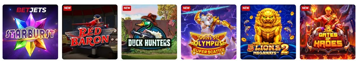 Row of online slot game tiles in a casino lobby, showing Starburst, Red Baron, Duck Hunters, Gates of Olympus Super Scatter, 5 Lions 2 Megaways, and Gates of Hades, with “New” tags on several games.
