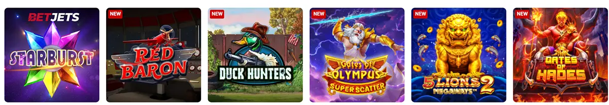 Row of online slot game tiles in a casino lobby, showing Starburst, Red Baron, Duck Hunters, Gates of Olympus Super Scatter, 5 Lions 2 Megaways, and Gates of Hades, with “New” tags on several games.