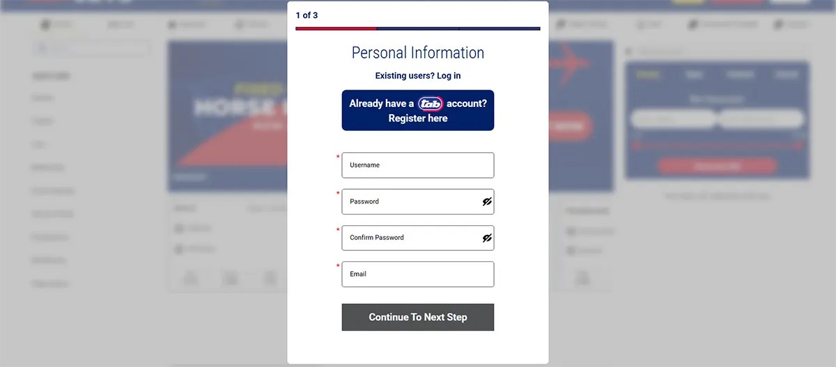 Registration form pop-up titled “Personal Information” (step 1 of 3) with fields for username, password, confirm password and email, plus a “Continue to Next Step” button and a link for existing users to log in.