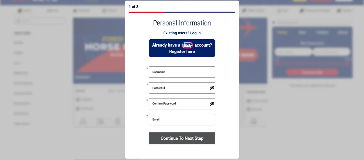 Registration form pop-up titled “Personal Information” (step 1 of 3) with fields for username, password, confirm password and email, plus a “Continue to Next Step” button and a link for existing users to log in.